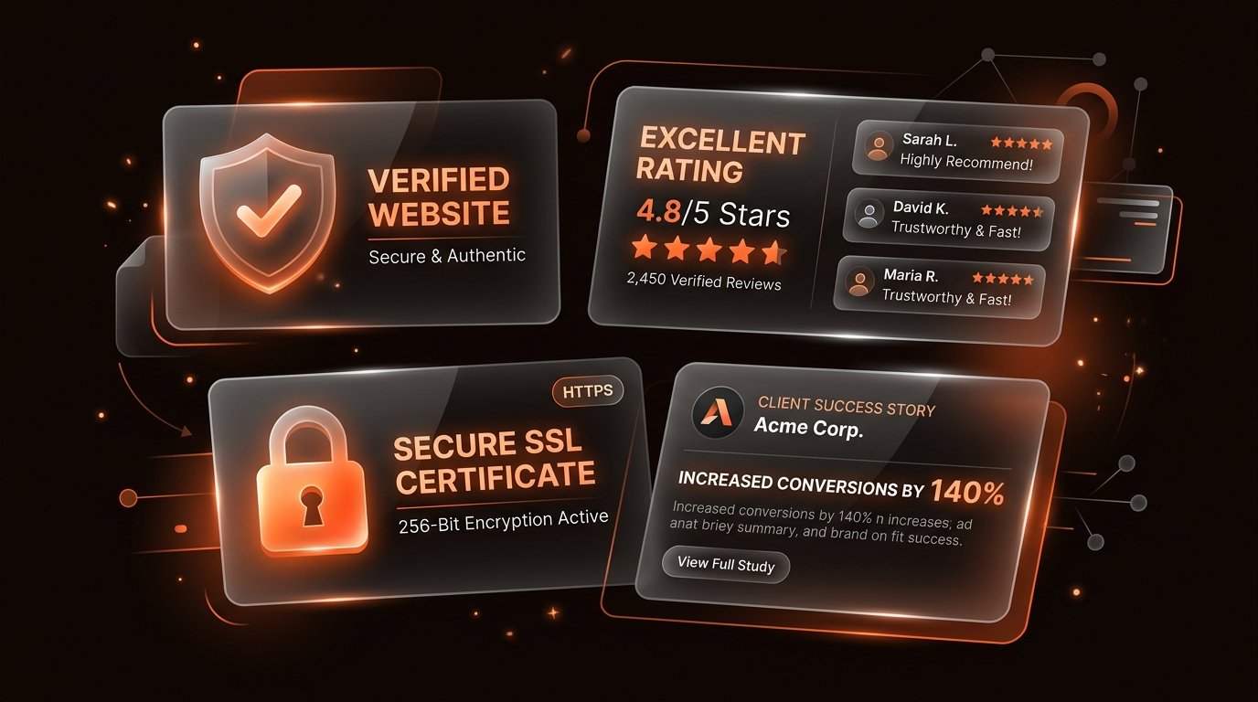 Website trust signals including verified status, customer review ratings, secure SSL certificate, and case studies