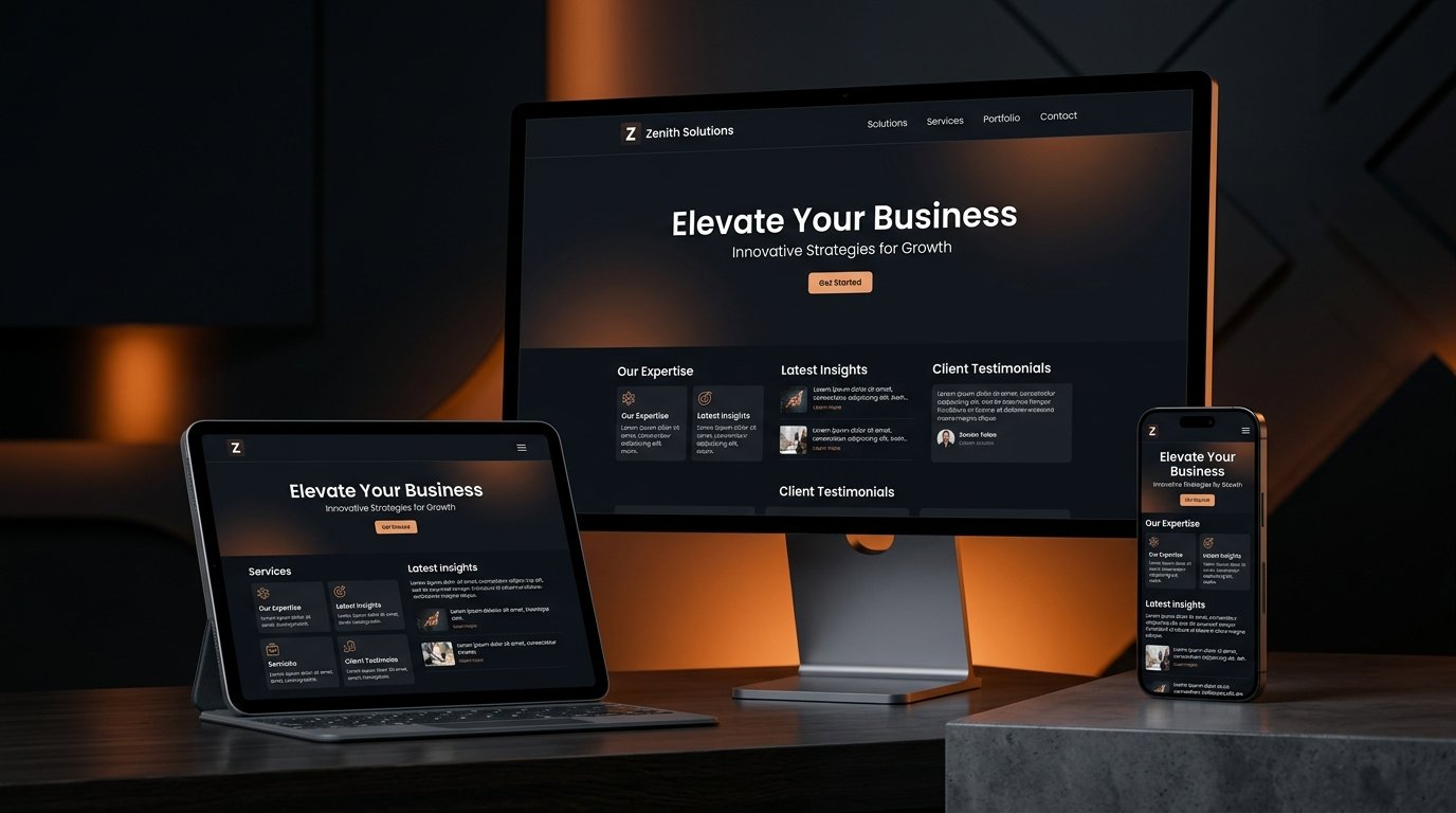 Business website displayed responsively across desktop, tablet, and smartphone screens