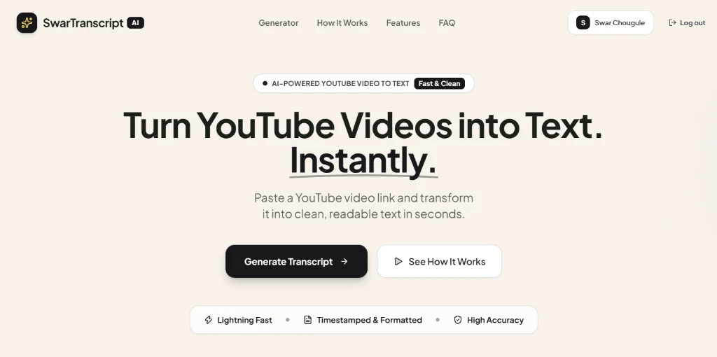 SwarTranscript AI YouTube transcript generator and summarizer