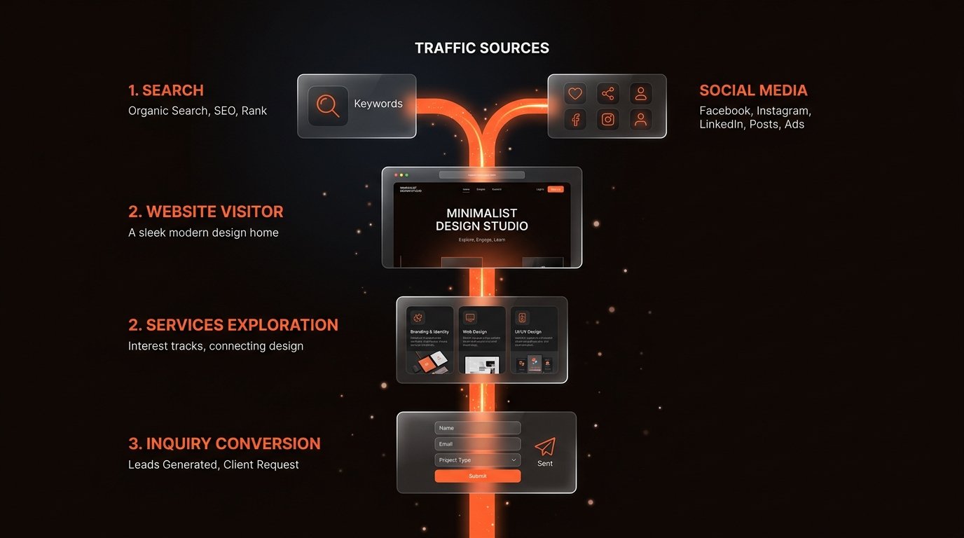 Customer acquisition journey showing search and social media traffic flowing into a website, exploring services, and converting into enquiries
