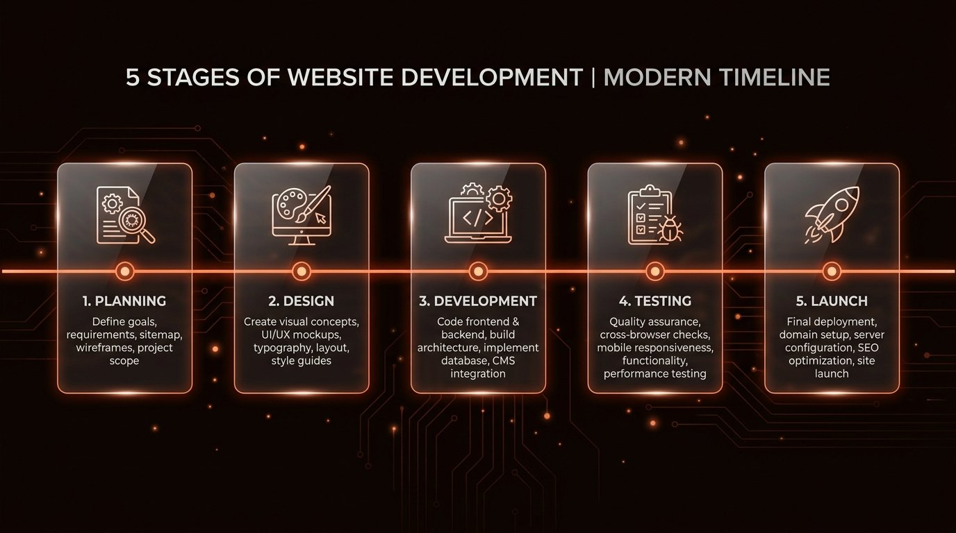 5 stages of modern website development: Planning, Design, Development, Testing, and Launch
