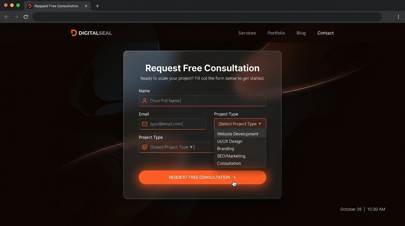 Streamlined business website contact and consultation form card with clear fields and glowing call to action button