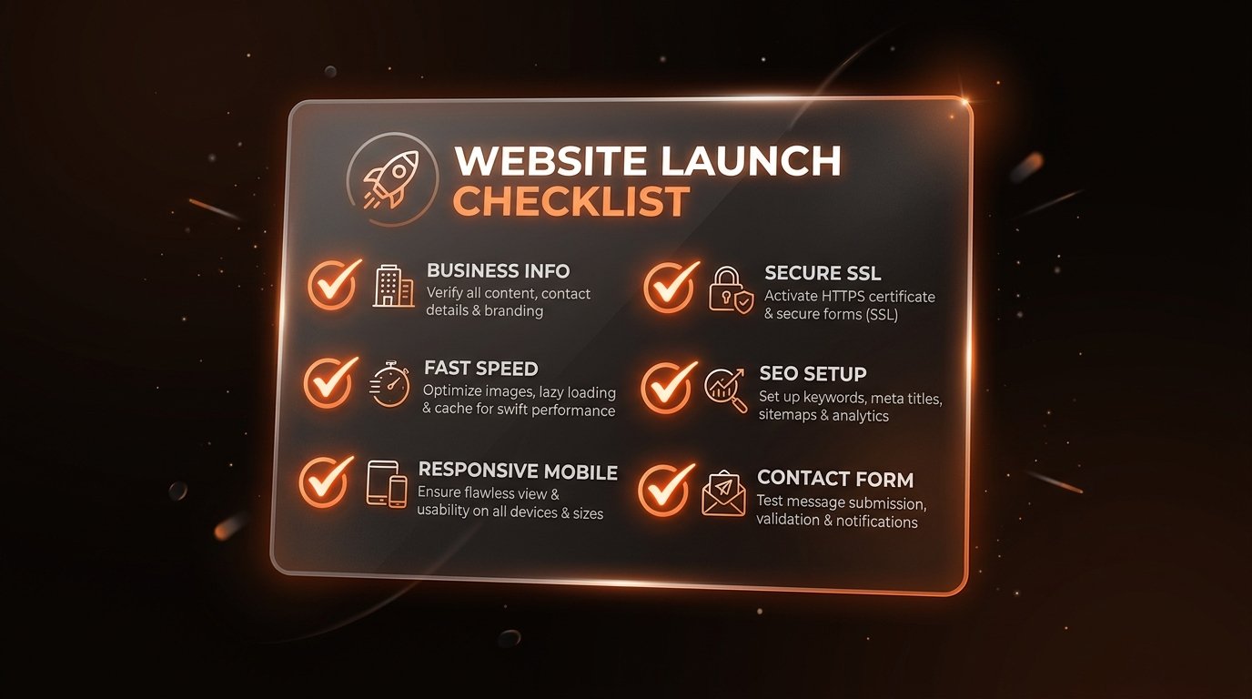 Business website launch checklist card covering business info, fast speed, responsive mobile, secure SSL, SEO setup, and contact forms