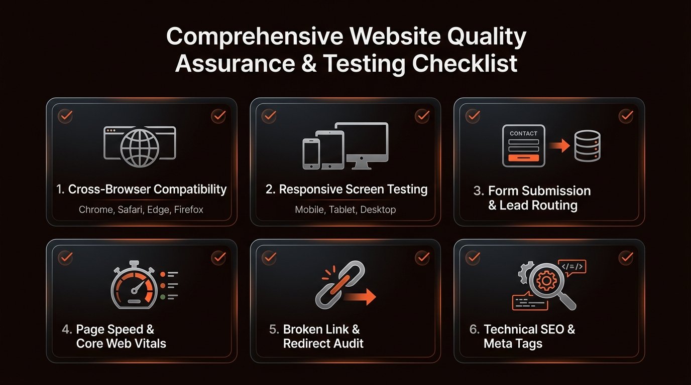Website quality assurance checklist covering browser compatibility, mobile responsiveness, forms, speed, and technical SEO