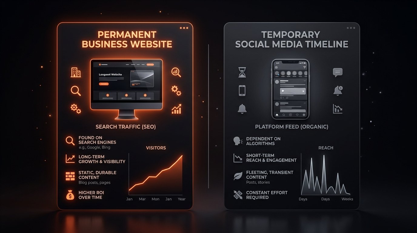 Side by side comparison infographic showing permanent business website search traffic on the left versus temporary social media timeline reach on the right