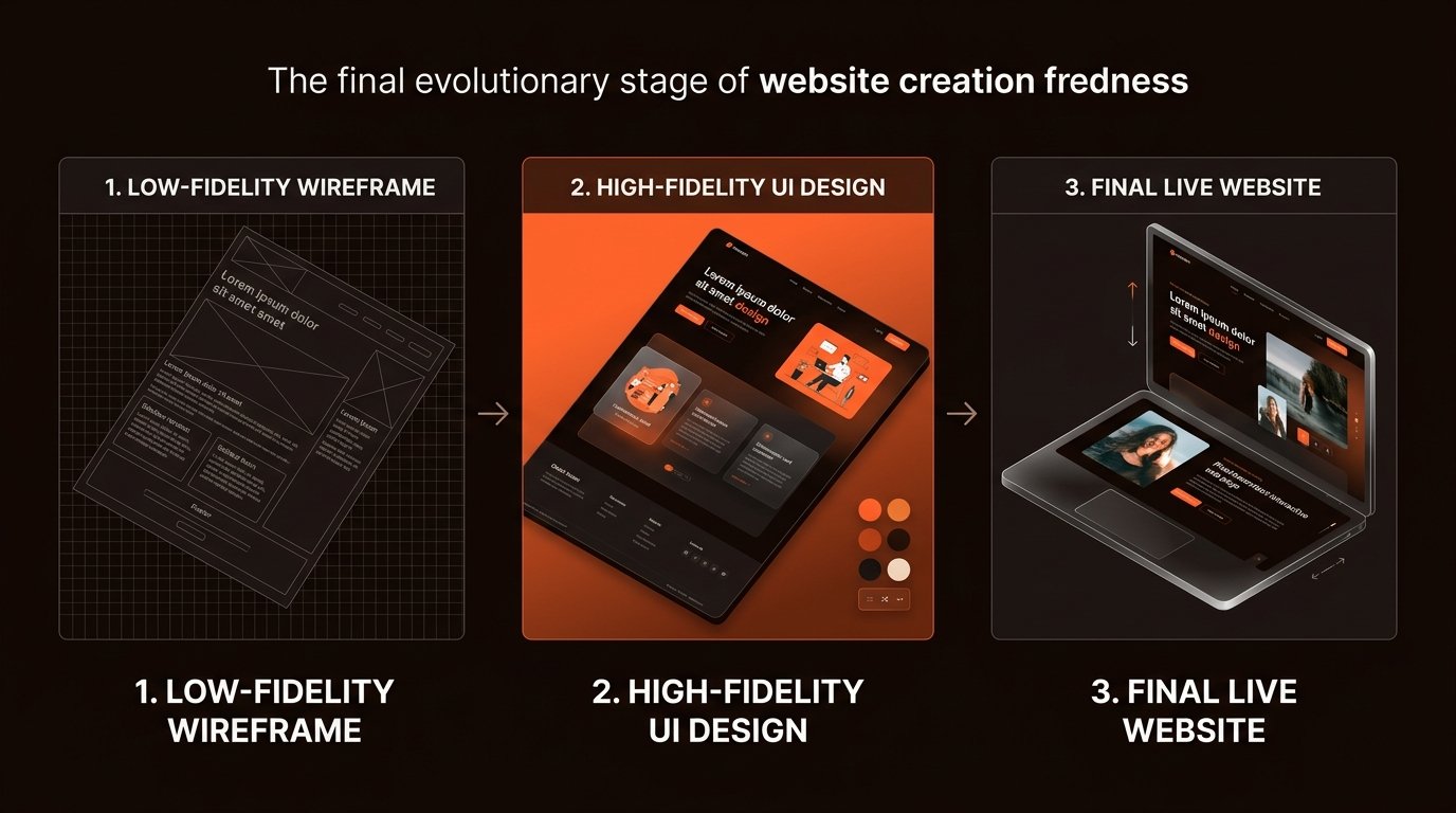 Website design progression showing low-fidelity wireframe blueprint, polished UI mockup, and final interactive website